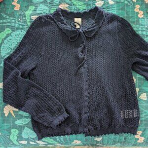 GAP x DÔEN Women Sz L Cardigan Sweater Navy Blue Linen Blend Pointelle Crochet